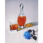 Licorera con vaso y rosa azul,